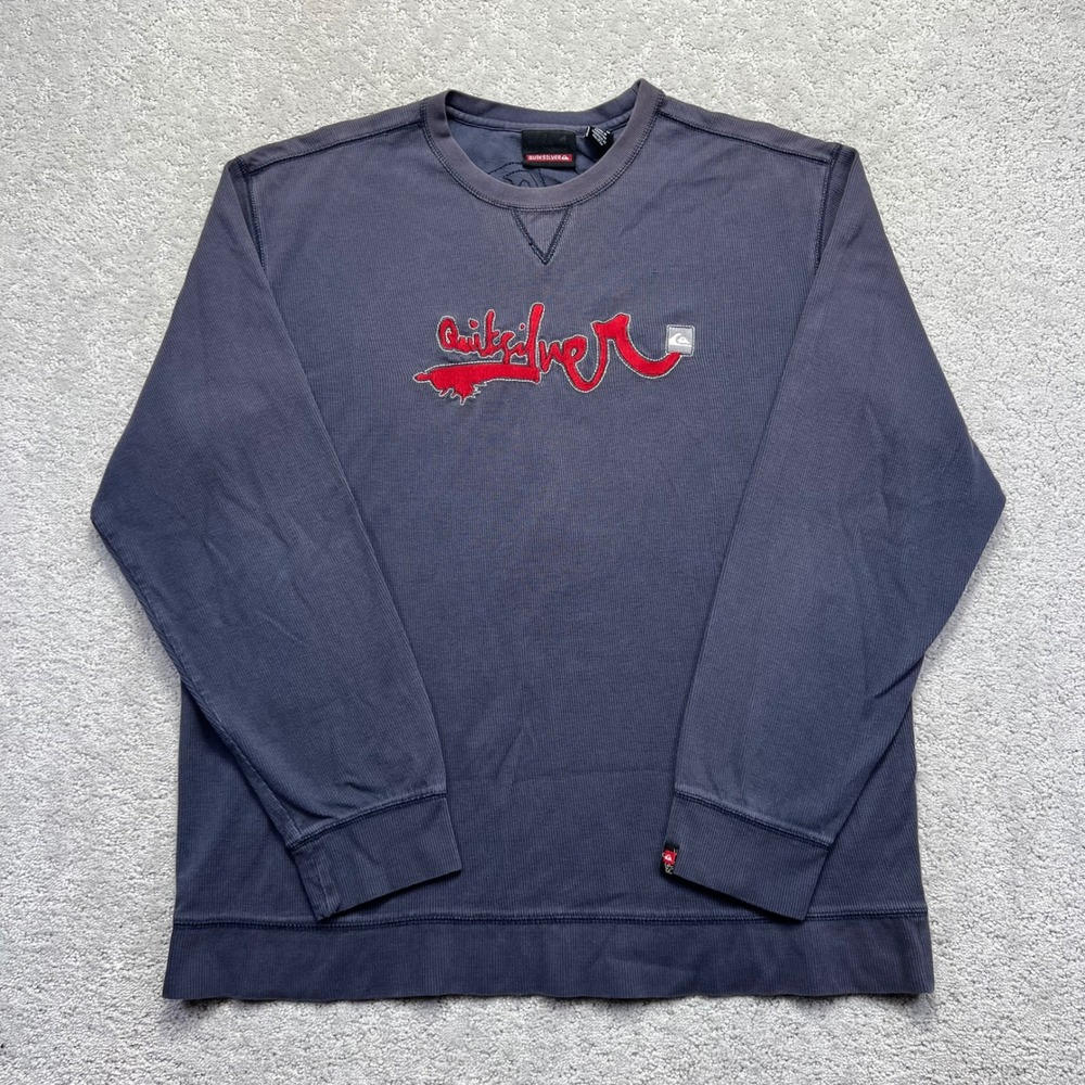 Y2k Quiksilver Sweatshirt Mens XL Navy Blue Faded Ribbed Embroidered Skate Surf